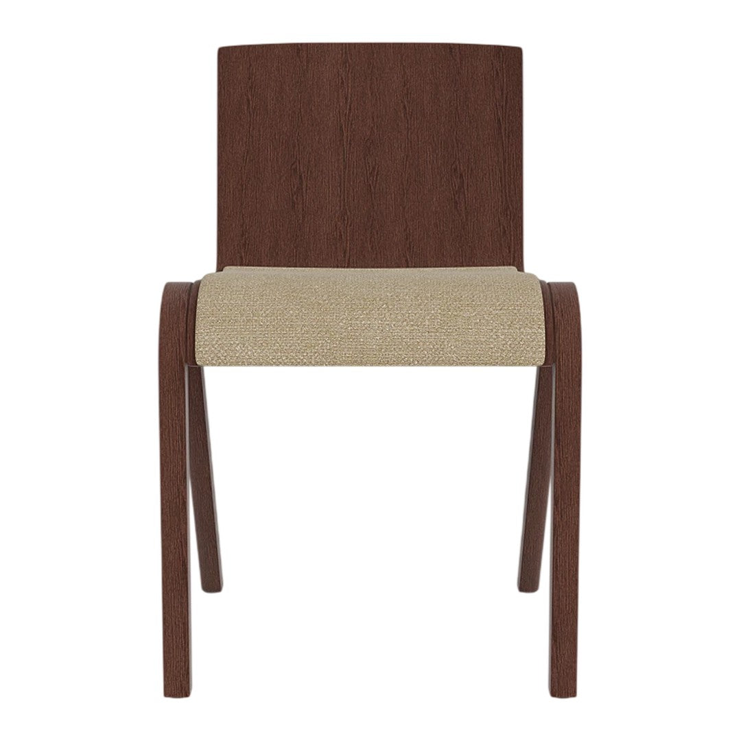 Brown wooden chair with a beige seat, featuring a simple, modern design. Ideal for contemporary interiors.