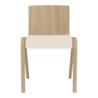 Light wood chair with a natural finish and a beige upholstered seat, featuring minimalist design and clean lines.