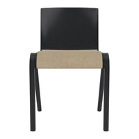 Black wooden chair with a beige woven seat, showcasing a minimalist design and contrasting colors.