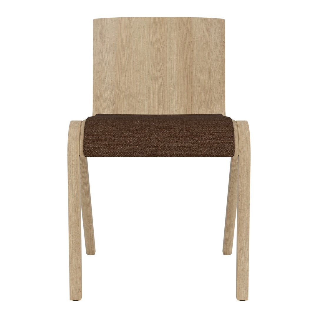 Light wood chair with a solid brown fabric seat, featuring a minimalist design and smooth finish.