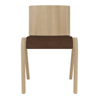 Light wood chair with a solid brown fabric seat, featuring a minimalist design and smooth finish.