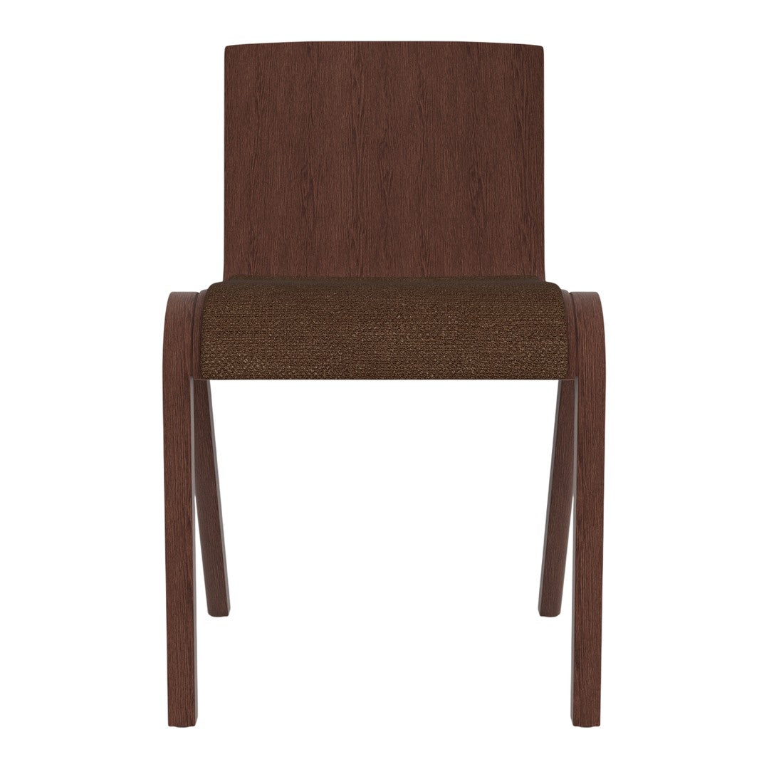 Brown wooden chair with smooth back and textured seat fabric for a modern, minimalist look.