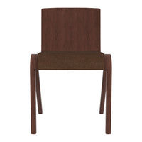 Brown wooden chair with smooth back and textured seat fabric for a modern, minimalist look.