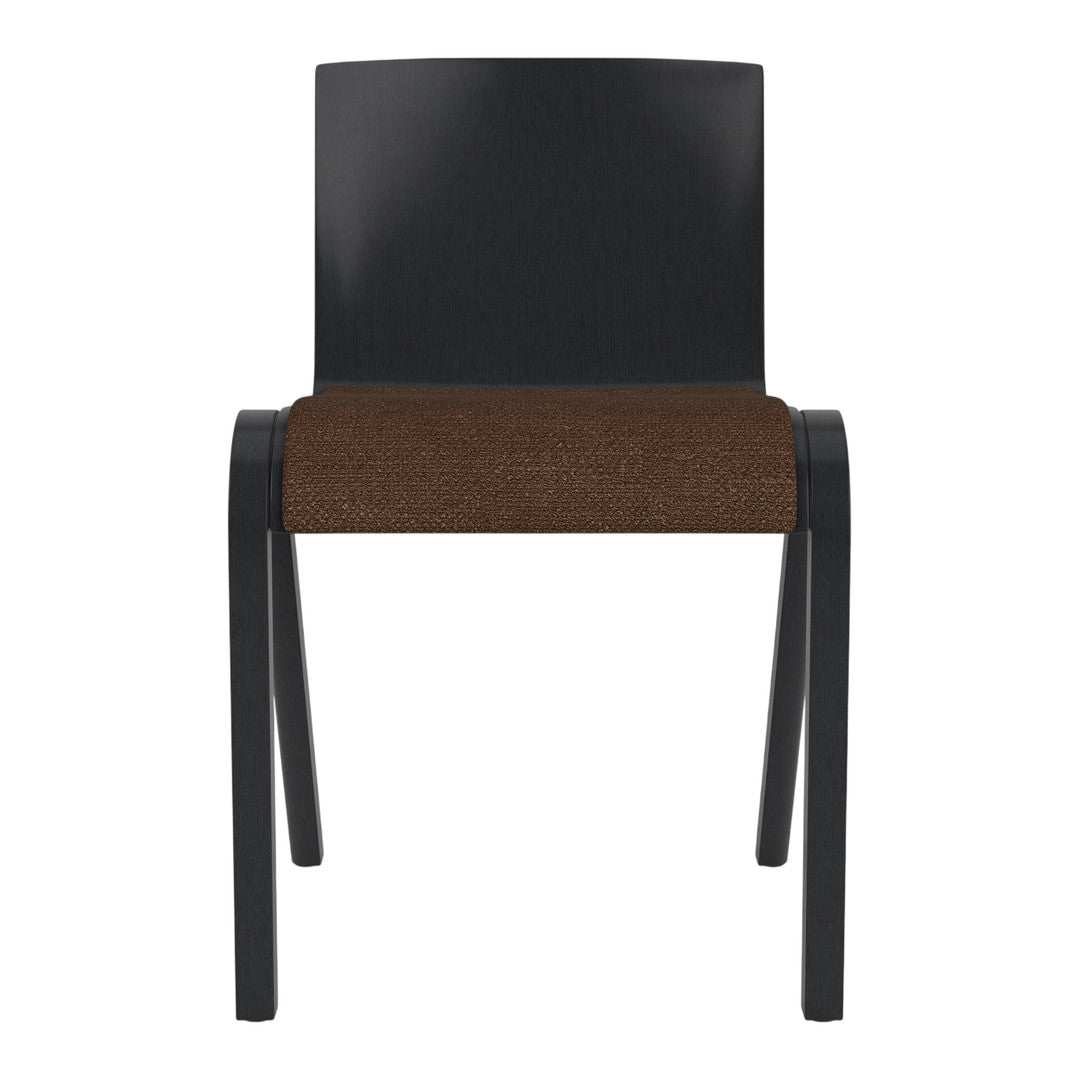 Black chair with a textured brown seat, featuring a sleek, modern design. Ideal for contemporary spaces.