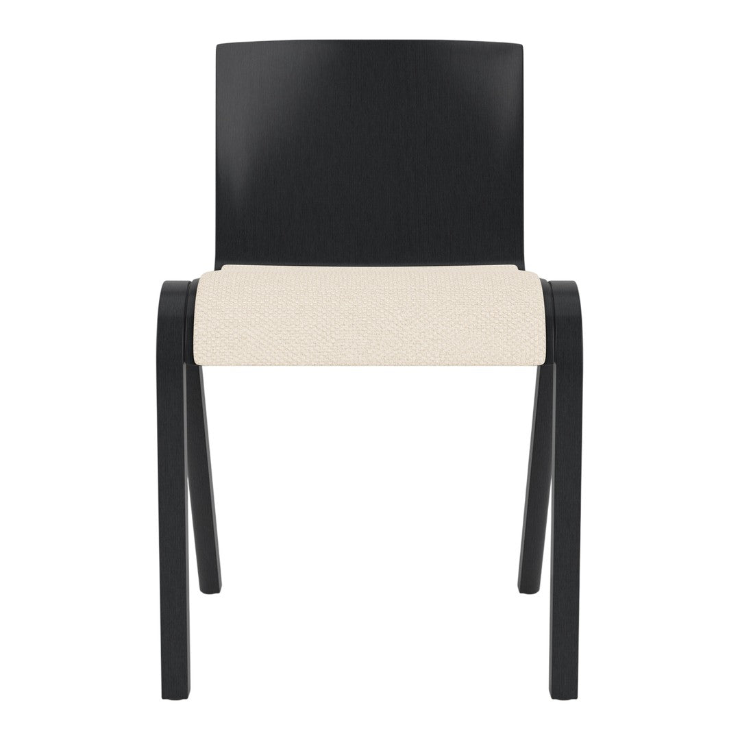 Black wooden chair with a beige fabric seat, featuring a sleek, minimalist design and clean lines.
