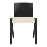 Black wooden chair with a beige fabric seat, featuring a sleek, minimalist design and clean lines.