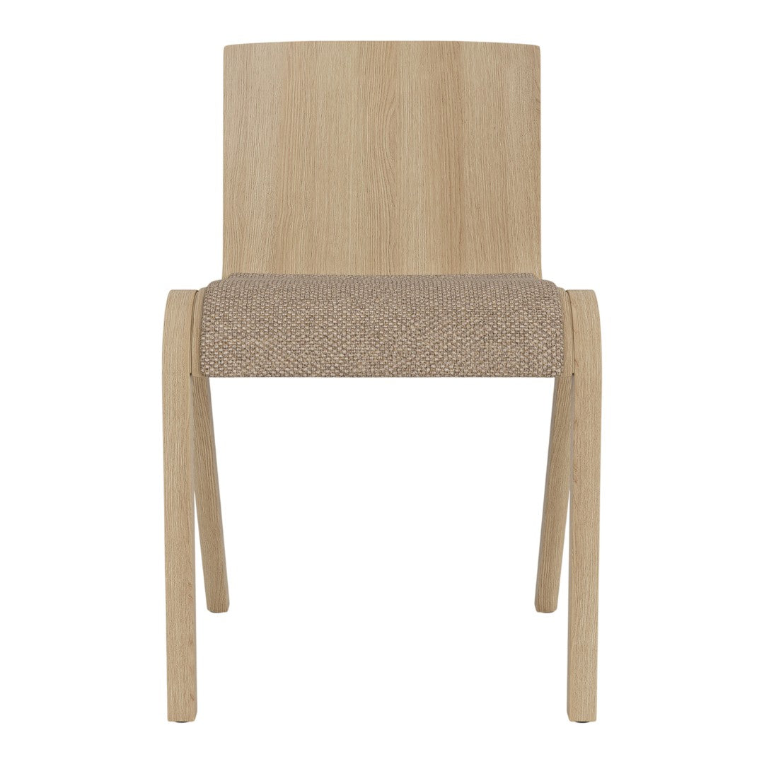 Natural wood chair with a light oak finish and a textured beige seat fabric. Simple and modern design.