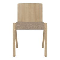 Natural wood chair with a light oak finish and a textured beige seat fabric. Simple and modern design.