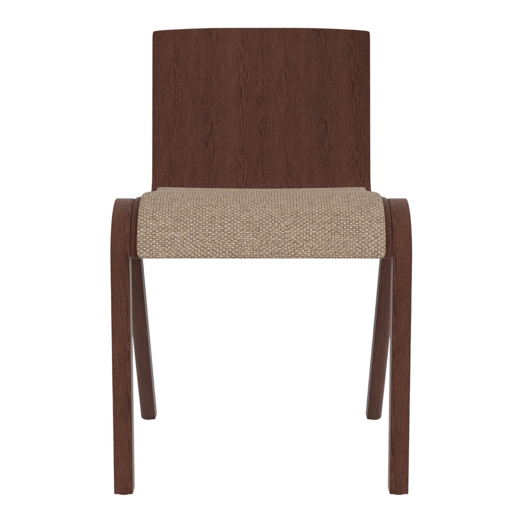 Brown wooden chair with a beige, textured seat and smooth backrest. Minimalist design suitable for modern decor.