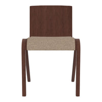 Brown wooden chair with a beige, textured seat and smooth backrest. Minimalist design suitable for modern decor.