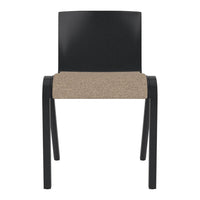 Black wooden chair with a textured beige seat in a minimalist design. Perfect for modern interiors.