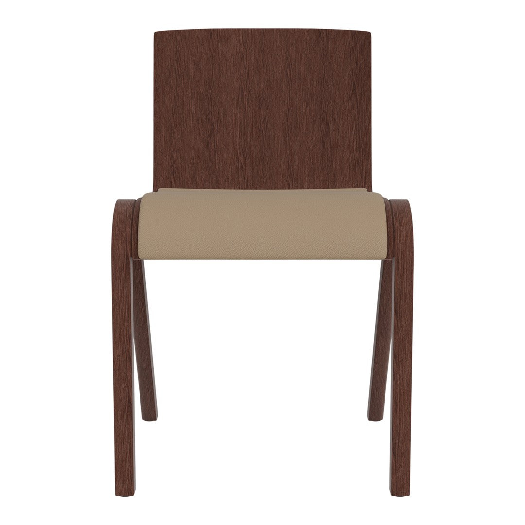 Brown wooden chair with a solid wood back and a beige upholstered seat, offering a modern, minimalist design.