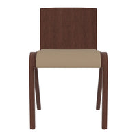 Brown wooden chair with a solid wood back and a beige upholstered seat, offering a modern, minimalist design.