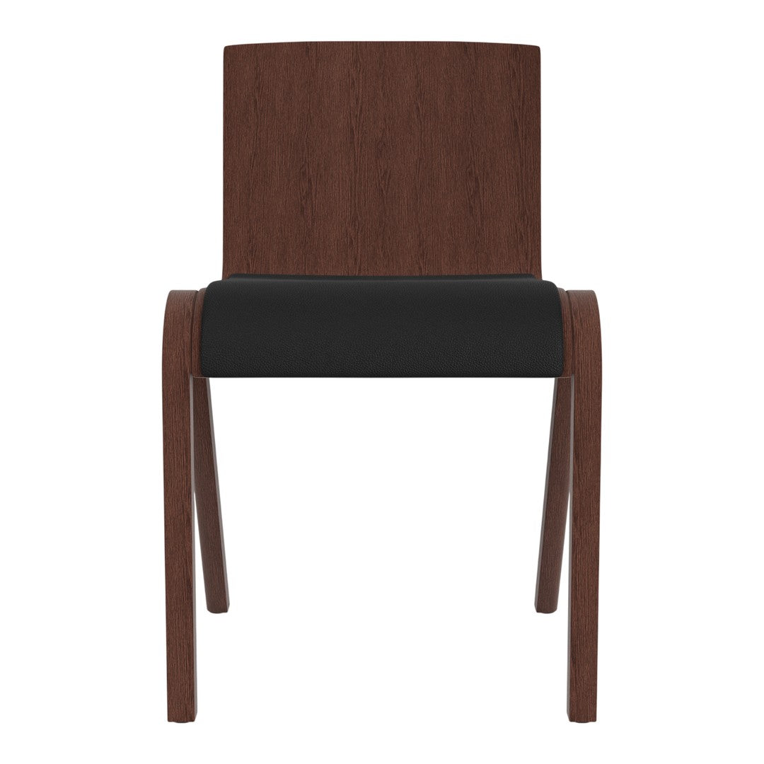 Brown wood chair with a sleek black cushion, featuring a minimalist design and smooth finishes.