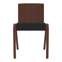 Brown wood chair with a sleek black cushion, featuring a minimalist design and smooth finishes.