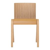Natural wood chair with a light wood frame and a smooth tan seat, showcasing a simple, modern design.