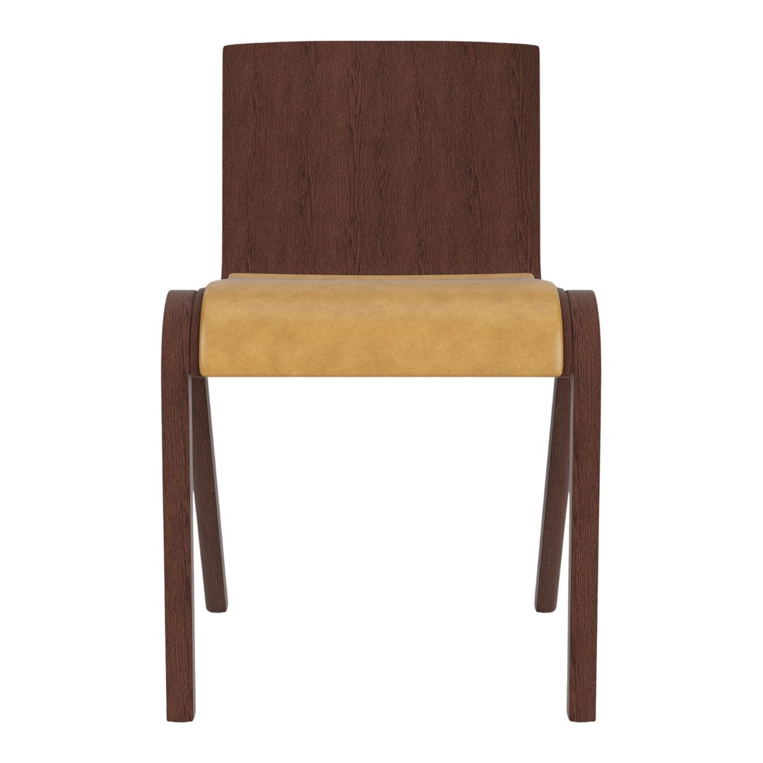 Brown wooden chair with a smooth yellow seat, featuring a minimalist design and clean lines.
