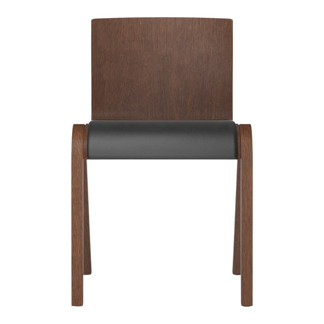 Modern chair featuring a rich brown wood finish and a sleek black leather seat. Simple, elegant design.