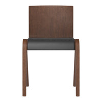 Modern chair featuring a rich brown wood finish and a sleek black leather seat. Simple, elegant design.
