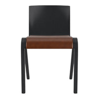 Stylish chair with a black backrest and a warm brown seat, featuring a sleek modern design.