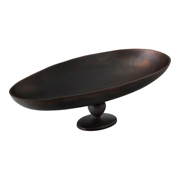 Dark bronze oval serving bowl with a smooth, glossy finish and a rounded pedestal base. Ideal for elegant displays.