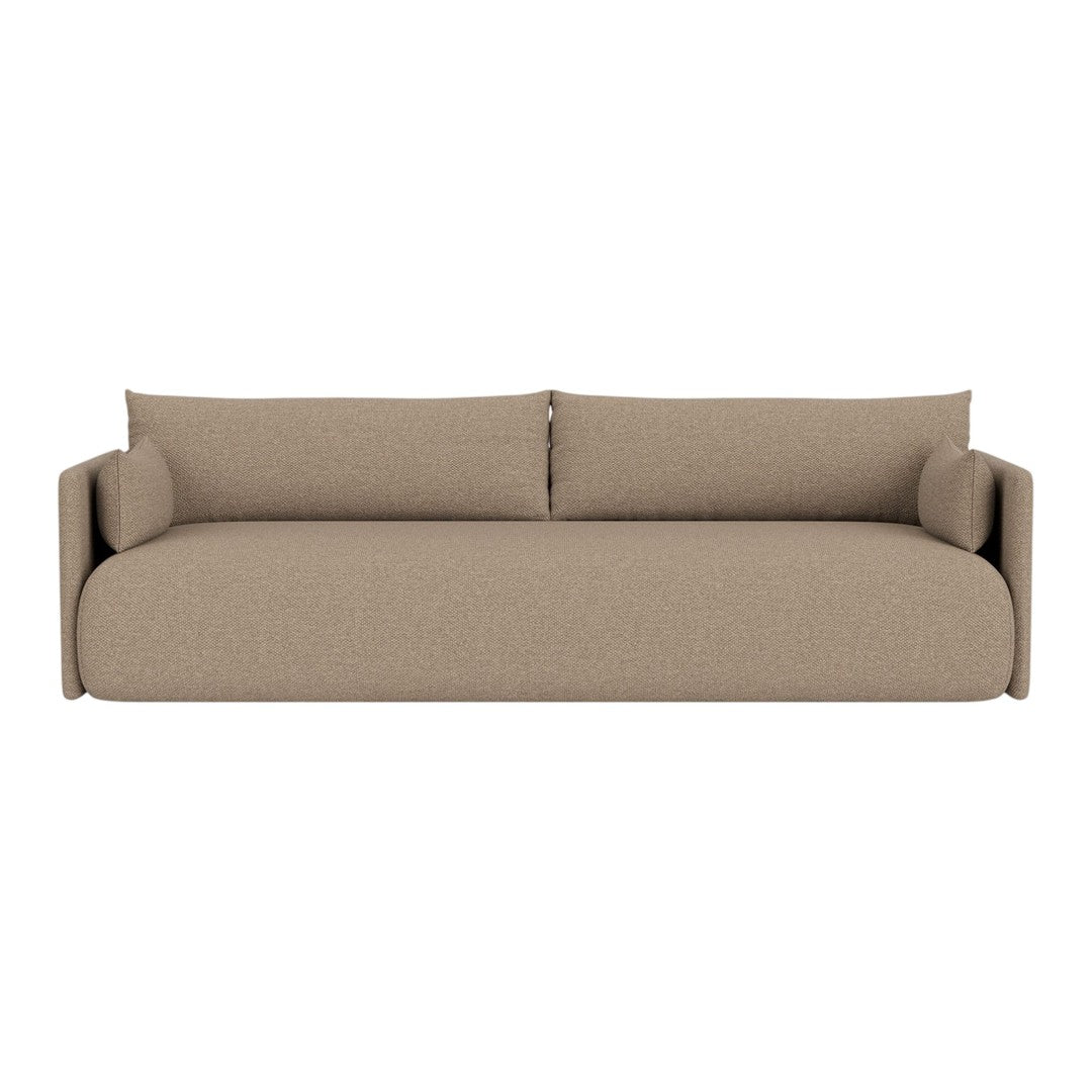 Beige upholstered sofa with a minimalist design, featuring clean lines and padded back cushions.