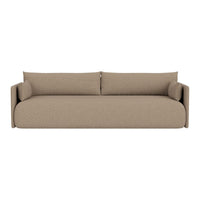 Beige upholstered sofa with a minimalist design, featuring clean lines and padded back cushions.