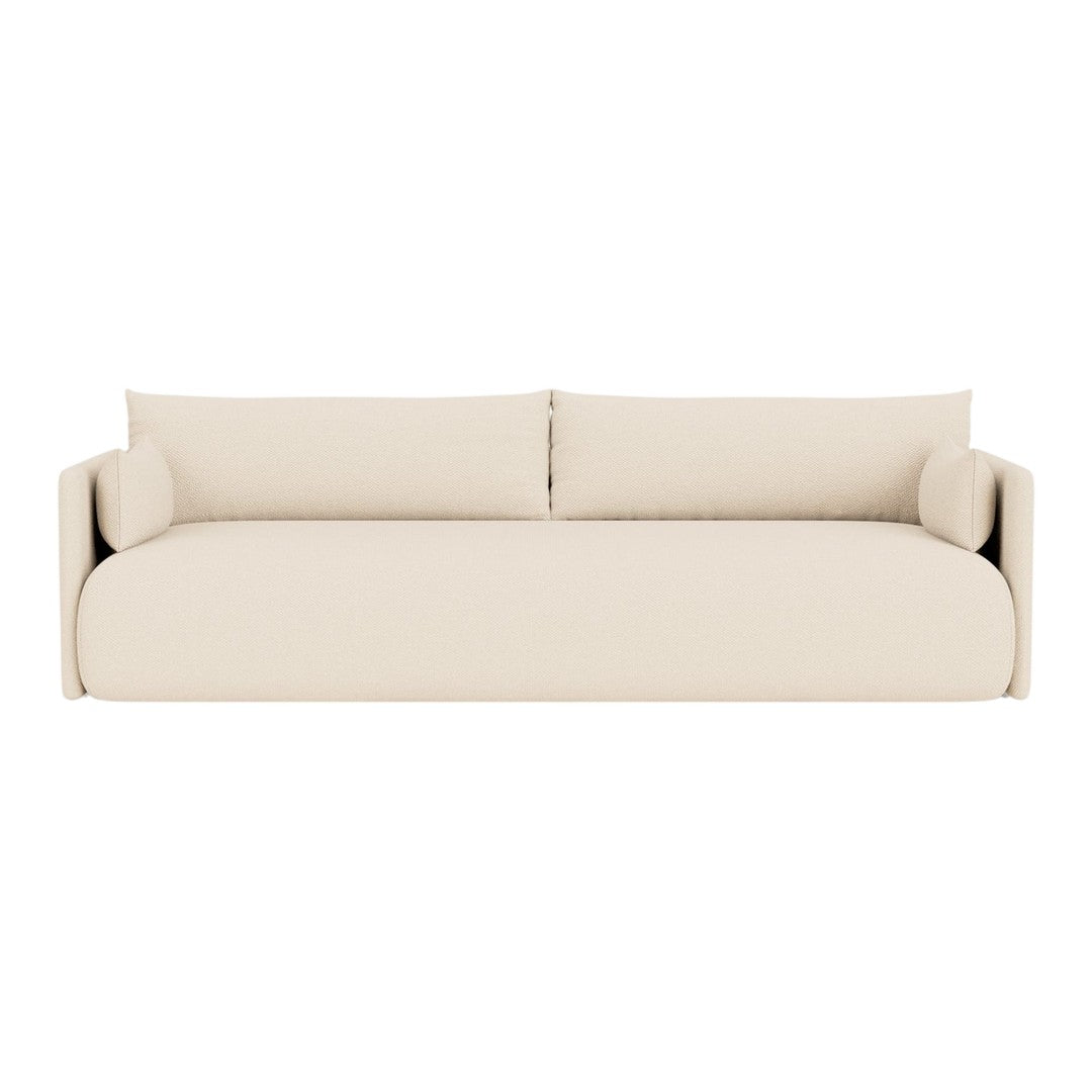 Beige modern sofa with smooth, minimalistic design and no visible patterns or textures. Ideal for contemporary decor.
