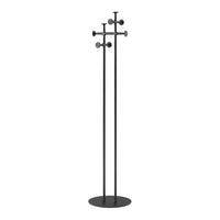 Minimalist black coat rack with sleek lines and round hooks, perfect for modern home decor.