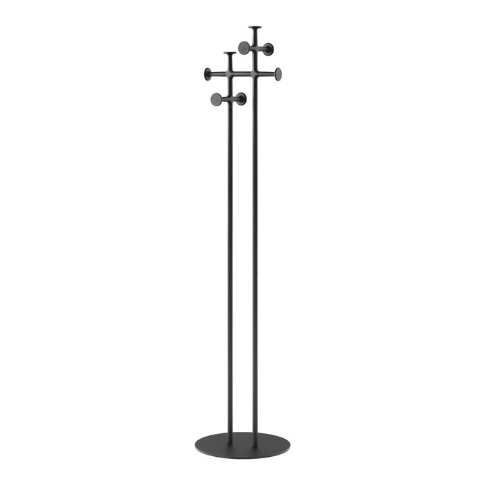 Minimalist black coat rack with sleek lines and round hooks, perfect for modern home decor.