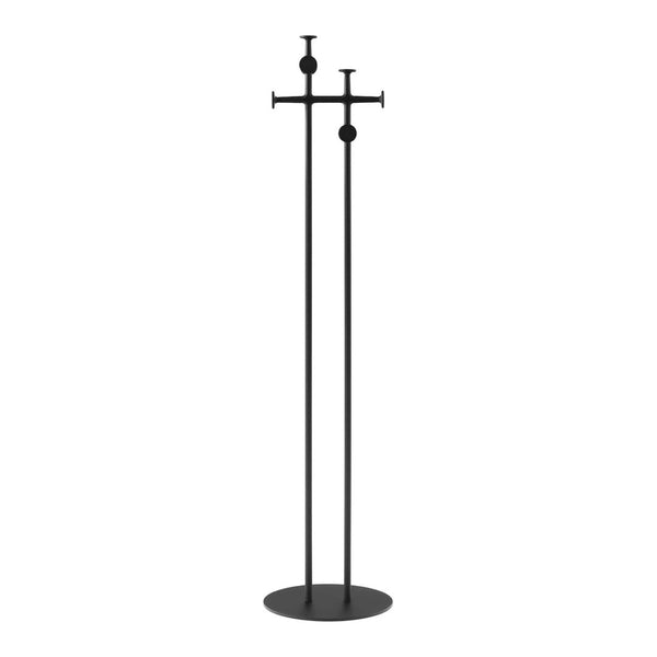Black metal coat rack with a minimalist design and sleek vertical lines, featuring round accents. Perfect for modern decor.