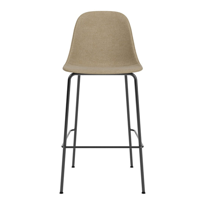 Beige upholstered barstool with a subtle texture and sleek black metal legs, perfect for modern decor.