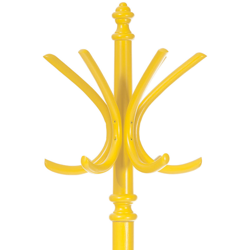 Bright yellow coat rack with curved hooks and a classic design, perfect for a cheerful entryway.