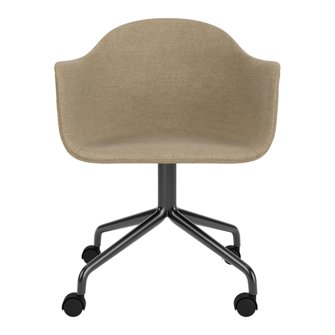 Beige upholstered chair with a smooth texture and a black five-point base, perfect for modern decor.