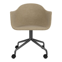 Beige upholstered chair with a smooth texture and a black five-point base, perfect for modern decor.