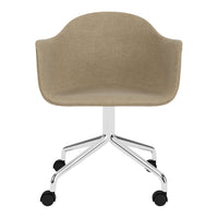 Beige fabric office chair with a modern silhouette and chrome base, showcasing a smooth, minimalistic design.