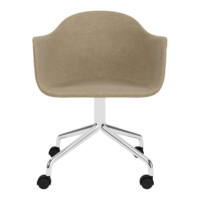 Beige fabric office chair with a modern silhouette and chrome base, showcasing a smooth, minimalistic design.