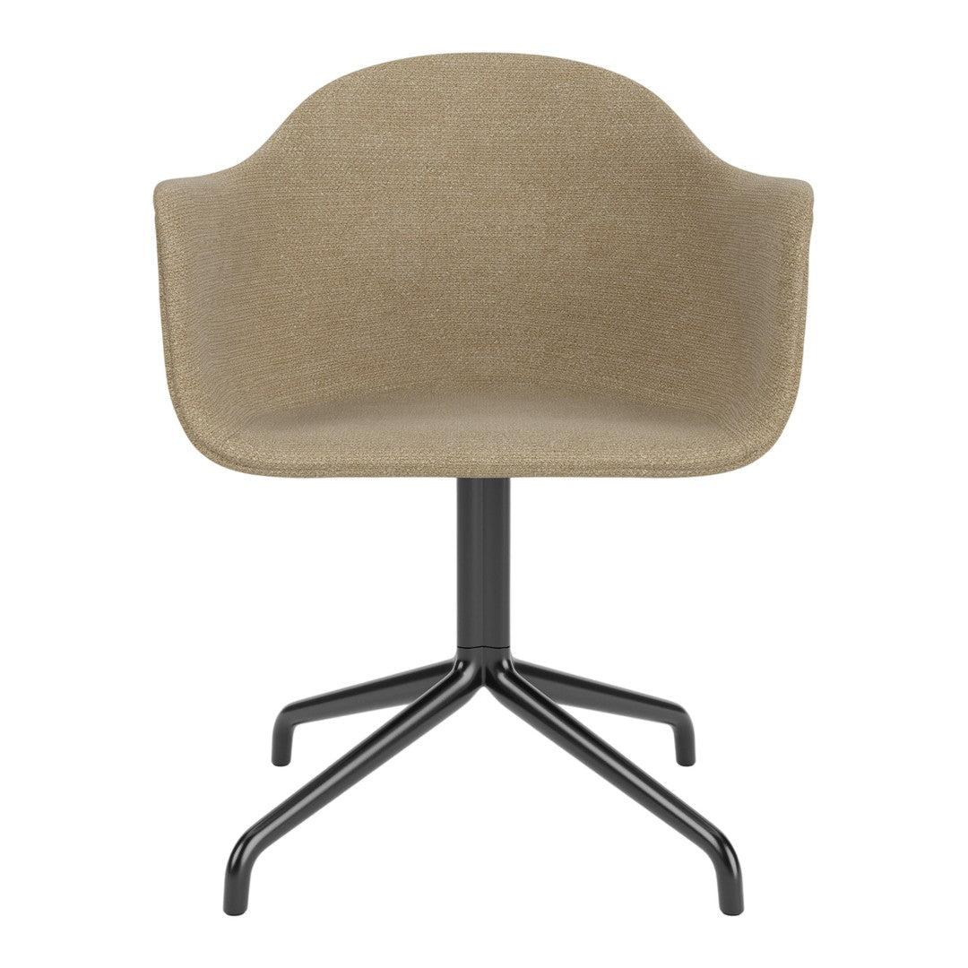 Beige upholstered chair with a sleek black metal base, featuring a smooth, minimalist design.