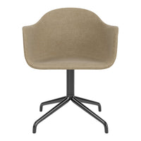 Beige upholstered chair with a sleek black metal base, featuring a smooth, minimalist design.