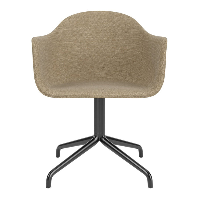 Beige upholstered chair with a sleek black metal base, featuring a smooth, minimalist design.