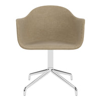 Beige upholstered chair with a smooth texture and chrome base, featuring a round back and sleek modern design.