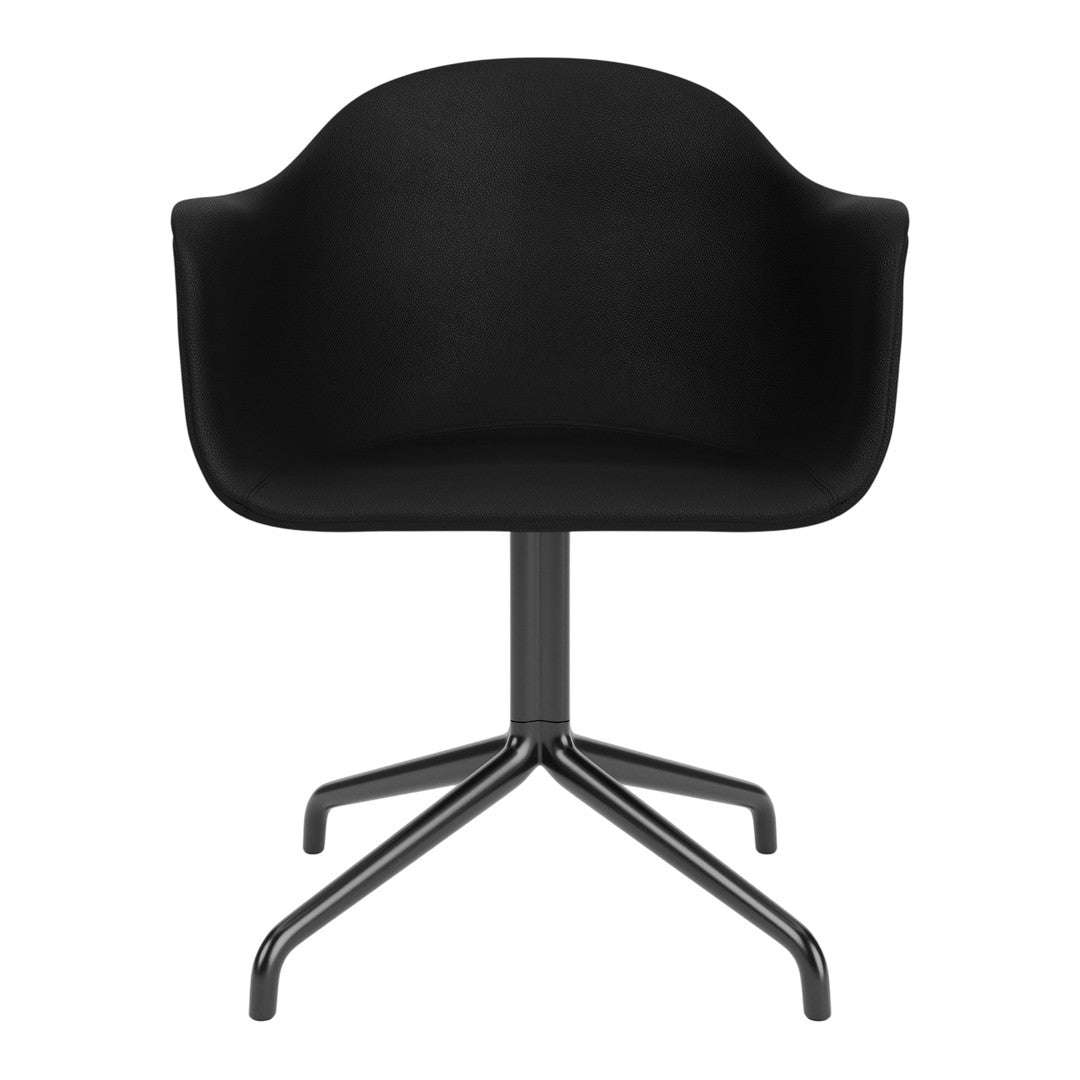 Black upholstered chair with a smooth finish and sleek metal base, featuring a minimalist and modern design.