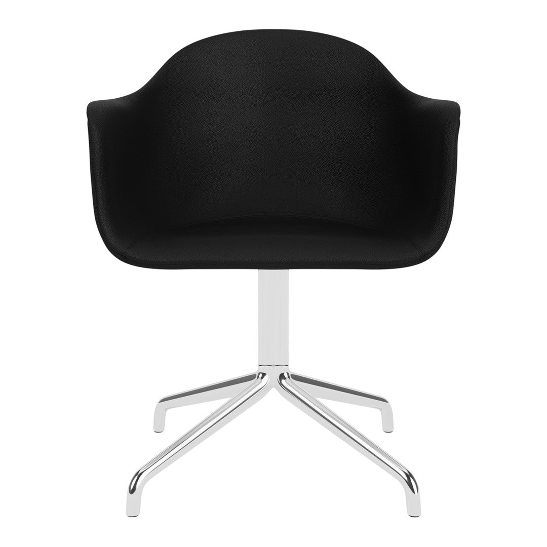 Black upholstered chair with a smooth, contoured design and a sleek chrome base, perfect for modern interiors.
