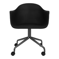 Black upholstered chair with a sleek, modern design and a polished chrome five-star base.