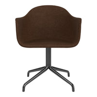 Brown upholstered chair with a minimalist design and black metal base.