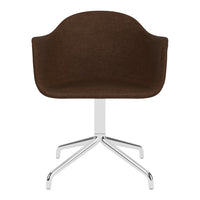 Brown upholstered chair with a smooth, modern design and a shiny chrome base. Ideal for contemporary decor.