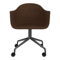Brown upholstered chair with a smooth fabric finish and sleek black metal base on rolling casters.