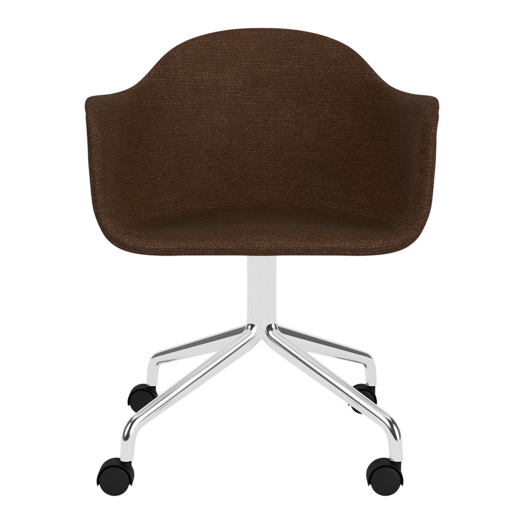 Brown upholstered chair with a smooth fabric finish and a sleek chrome base on rolling casters.