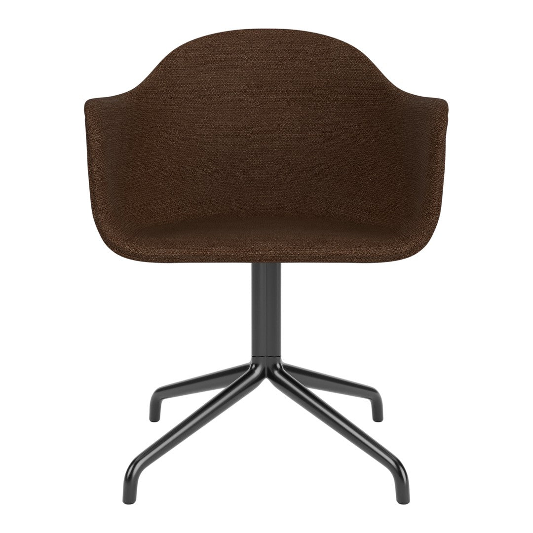 Brown upholstered chair with a textured finish and a sleek black metal base. Modern design for stylish interiors.