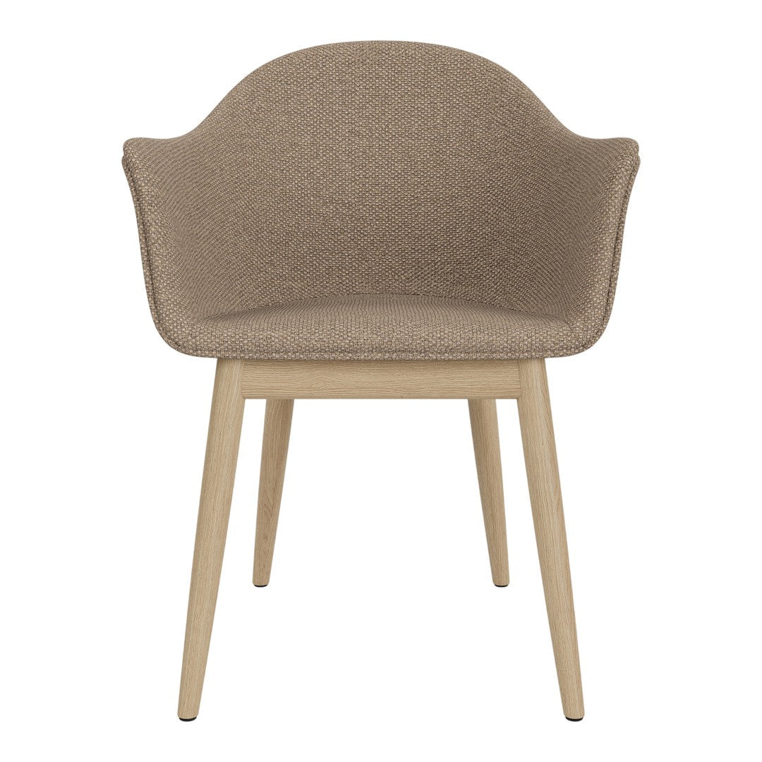 Tan upholstered chair with a textured finish and natural wood legs for a modern, minimalist look.